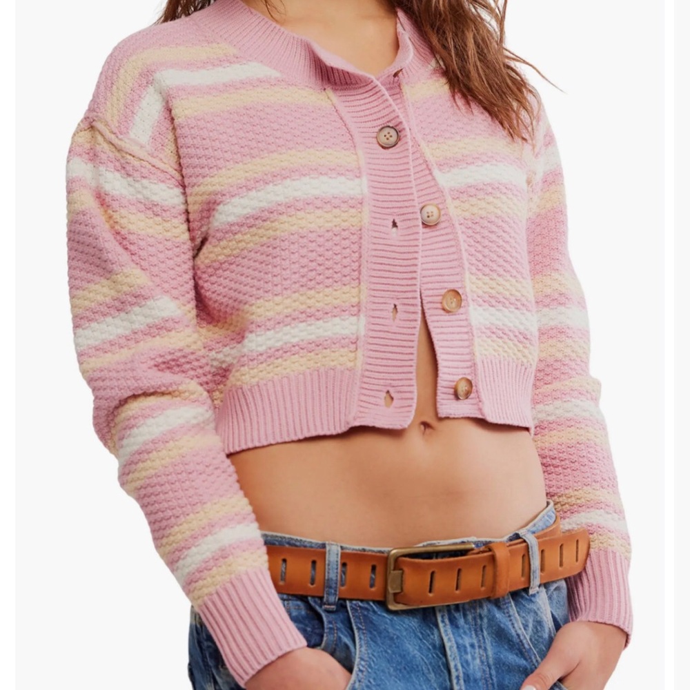 NWT Free People Lila Stripe Knit Cardigan Sweater | Pink Combo Size Medium